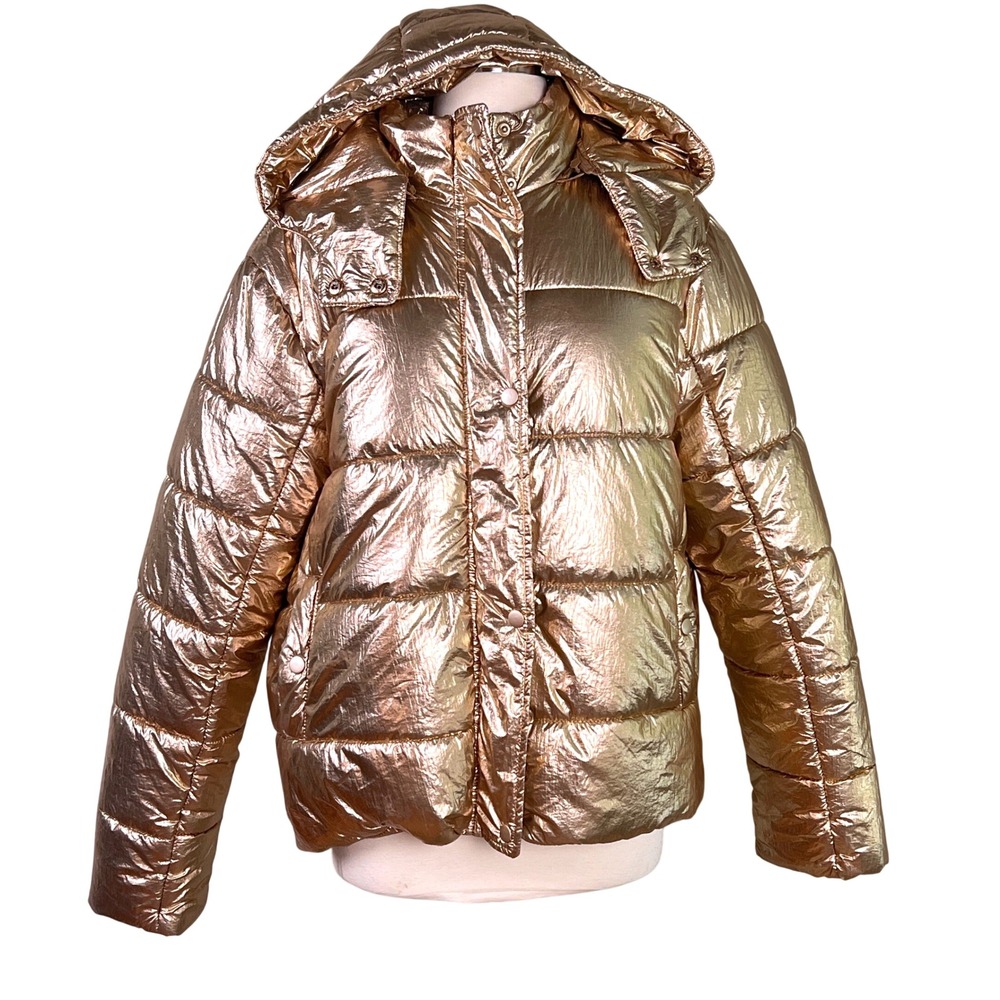 DELUC Puffer Jacket L Womens Metallic Rose Gold Hooded Quilted Shiny Coat Glam